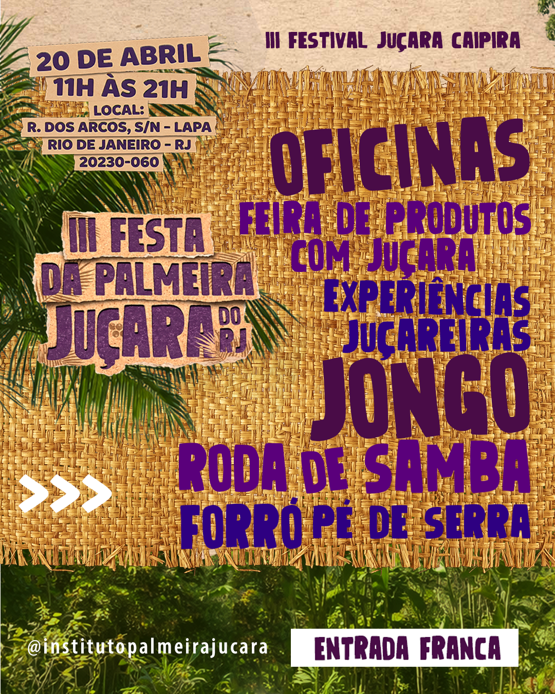 Arte com oficinas, feira de produtos com juçara, experiências juçareiras, jongo, roda de samba e forró pé de serra.