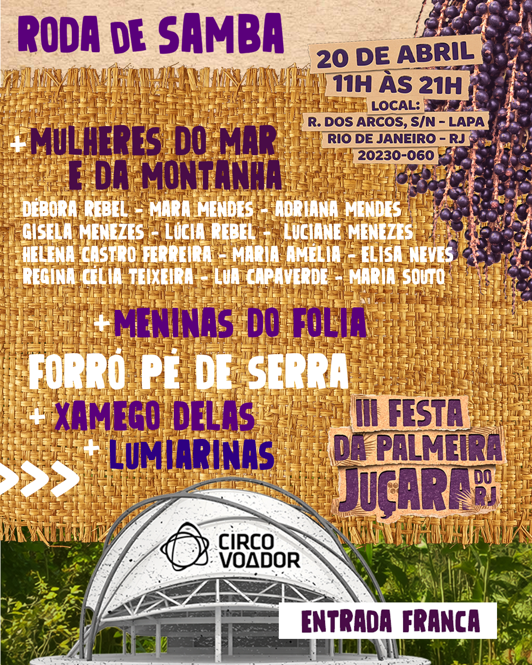 Arte da roda de samba com Mulheres do Mar e da Montanha, Meninas do Folia, Xamego Delas e Lumiarinas.