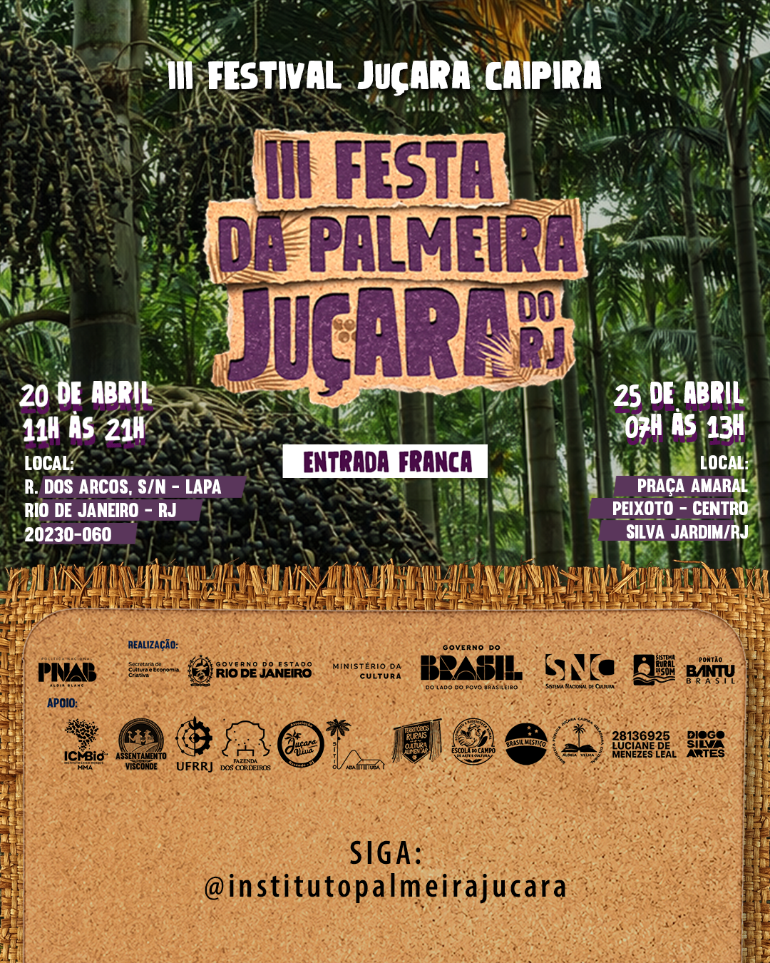 Arte geral do festival com datas, locais, entrada franca e apoios.